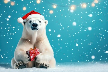 Fototapeta premium A polar bear is sitting on the snow with a red present in its mouth