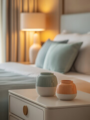 Modern bedroom with vases and a table lamp on a nightstand.