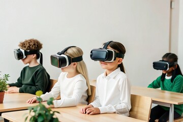 Virtual reality classrooms where students are wearing headsets and exploring immersive educational landscapes.