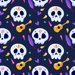 los muertos2Day of the Dead seamless pattern, skull, guitar, on a dark purple background. For wrapping or fabric.