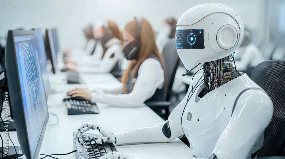Aufkleber robot worker at computer in office