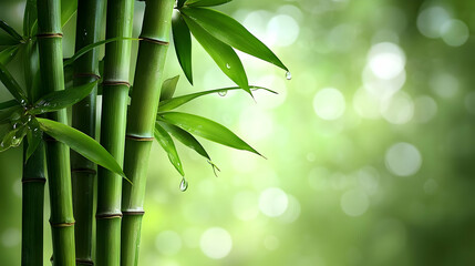 Closeup View of Lush Green Bamboo Stalks with Water Drops on Leaves, Set Against a Soft Blurred Green Background