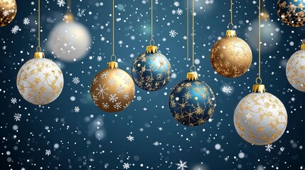 Merry christmas greeting vector design. Christmas balls hanging with gold, glitter, shiny and glossy elements in snowflakes pattern elegant background. generative ai