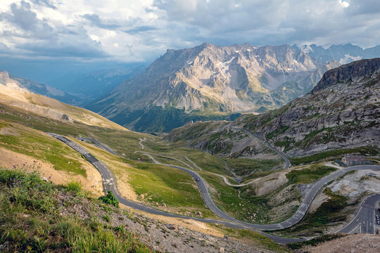 Col du Galibier, Hautes-Alpes, France. View of the South side from the top at 2.642 m