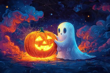 A ghost is holding a pumpkin in a Halloween scene, which adds to the spooky atmosphere of the scene