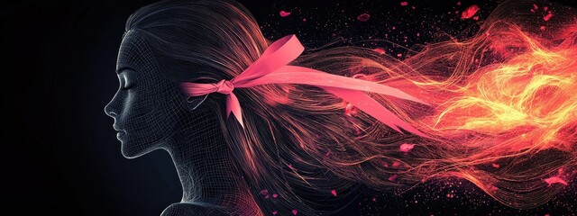 A woman's face is shown with a red ribbon tied around her hair, symbolizing the power and hope associated with Breast Cancer Awareness Month