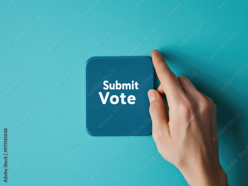 Poster close-up of fingers tapping a submit vote button on a digital screen, illustrating participation in 