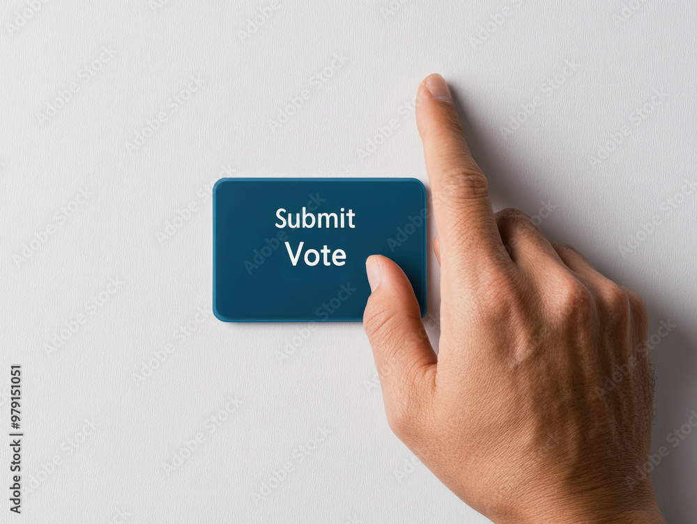 Poster close-up of fingers tapping a submit vote button on a digital screen, showcasing the importance of p