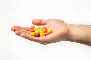 Hand holding colorful candy pieces.