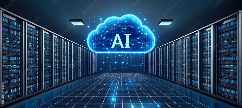Poster ai cloud computing in futuristic data center with server racks technology and innovation concept