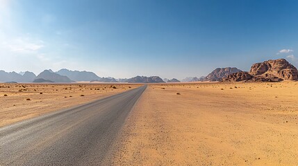 A long, straight road cuts through the vast desert landscape, with mountains in the distance under a clear blue sky.