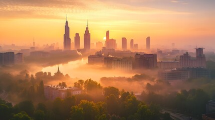Fototapeta premium Foggy city skyline at sunrise.