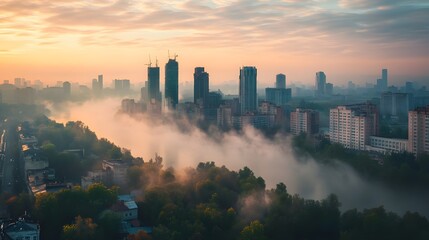 Fototapeta premium Misty cityscape at dawn with skyscrapers.