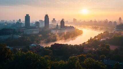Naklejka premium Sunrise over a cityscape with a river.