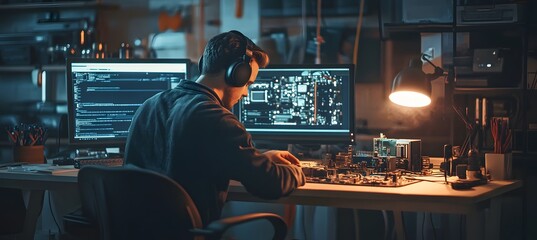 Person working on electronics with multiple screens.