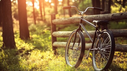 Fototapeta premium A black bicycle leans against a wooden fence in a forest clearing, bathed in the warm glow of the setting sun.