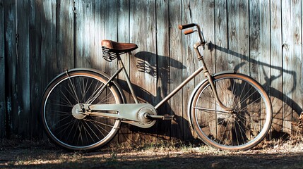 Vintage bicycle leaning against a rustic wooden wall, with a basket on the handlebars and sunlight casting shadows.