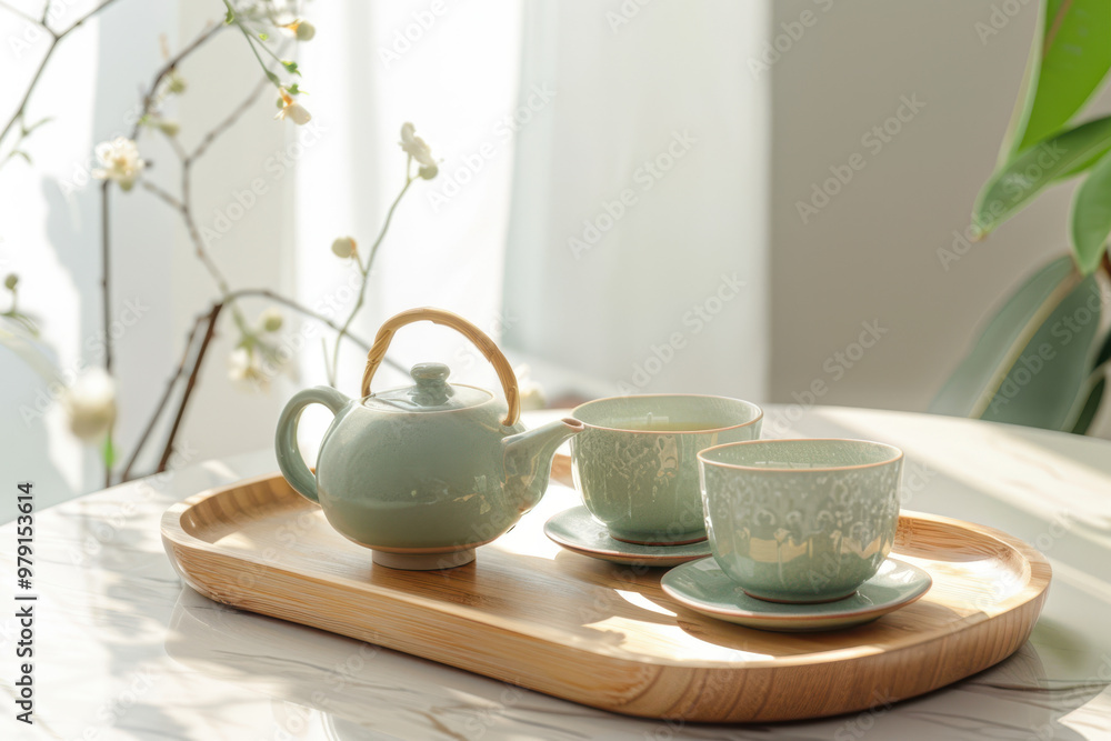 Wall mural elegant green ceramic teapot and two matching cups on top, placed on a wooden surface against a whit