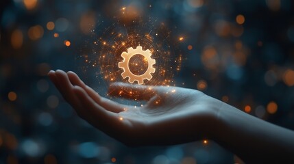 one hand holding gear icon on virtual screen.