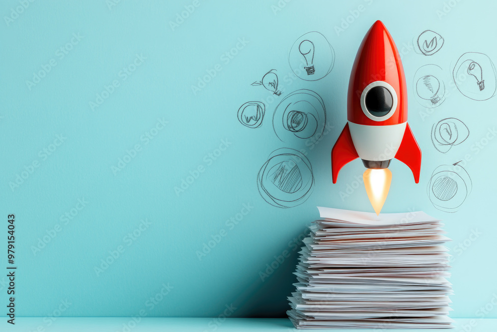 Poster visualize innovation with this abstract image of a rocket launching from a stack of drawn ideas, sym