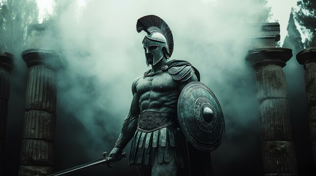 Ancient Greek statue of Spartan warrior, classical sculpture of Greek hoplite in armor and helmet. Spartan warrior with spear and shield, symbol of strength and bravery