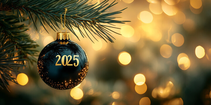 Luxury 2025 New Year Christmas Flyer. 2025 Christmas Twigs, Christmas Balls, Sparkles Lights. Luxury Happy New Year Celebration Snow Background. Christmas Deco Pattern with Free Space for Text.