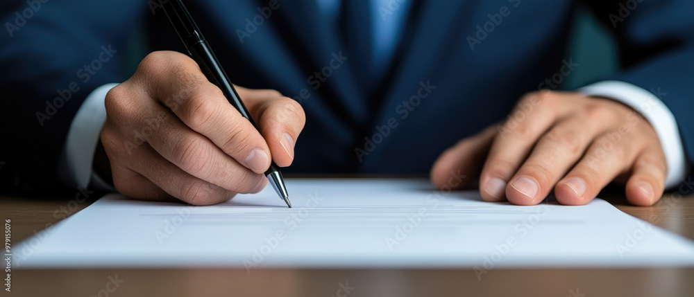 Poster Close-up of hands signing a contract, capturing the finalization of a successful business negotiation. A visual representation of commitment and agreement.
