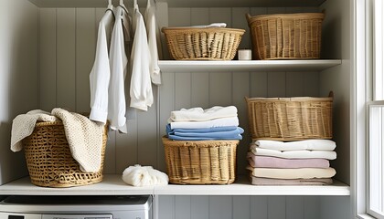 Efficient laundry room featuring a washing machine and a neatly organized basket filled with fresh, clean textiles