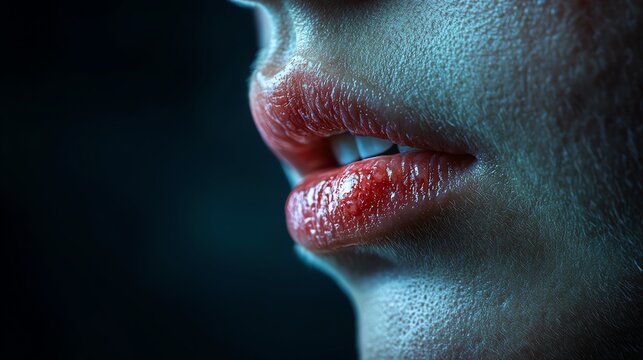 Close-up of woman's lips with red lipstick, glossy finish.