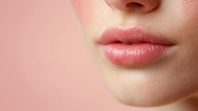 Close-up of woman's lips with red lipstick, glossy finish.