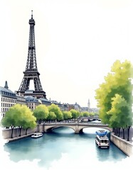 Obraz premium Paris Watercolor Cityscape Postcard: Greetings from the City of Love, Blank Space for Your Message