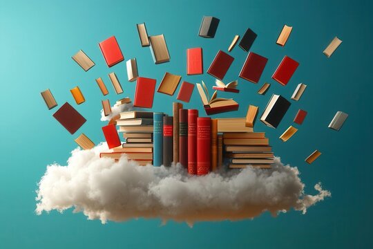 A floating library in the clouds where each book opens to a new world, dream, fantasy of infinite exploration possibilities