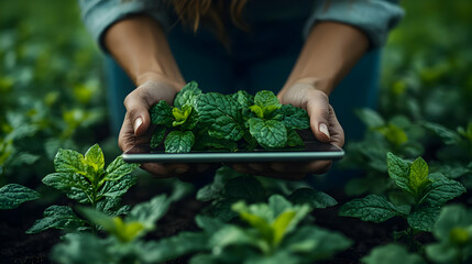 Photo - Organic Farming Technology: Hands Holding Mint and Tablet in Field