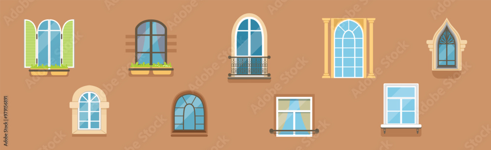 Poster glass window of various type as architectural outdoor object vector set
