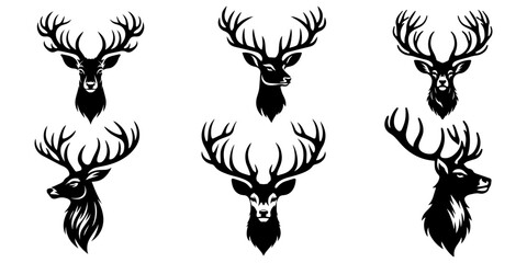 black and white deer, deer head silhouette vector black, deer head black silhouette vector illustration, Collection of black deer icons.Logo of deer.Deer simple icon.Reindeer vector symbols Set