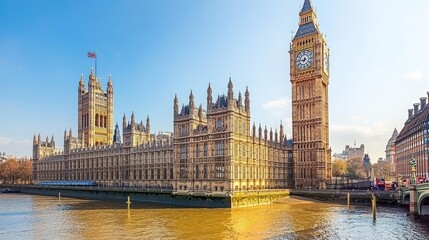 Obraz premium London Landmark Big Ben Clock Tower Houses of Parliament and River Thames