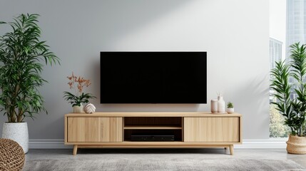 A bamboo TV stand with sliding doors features a minimalist design
