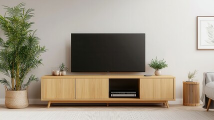 A bamboo TV stand with sliding doors features a minimalist design