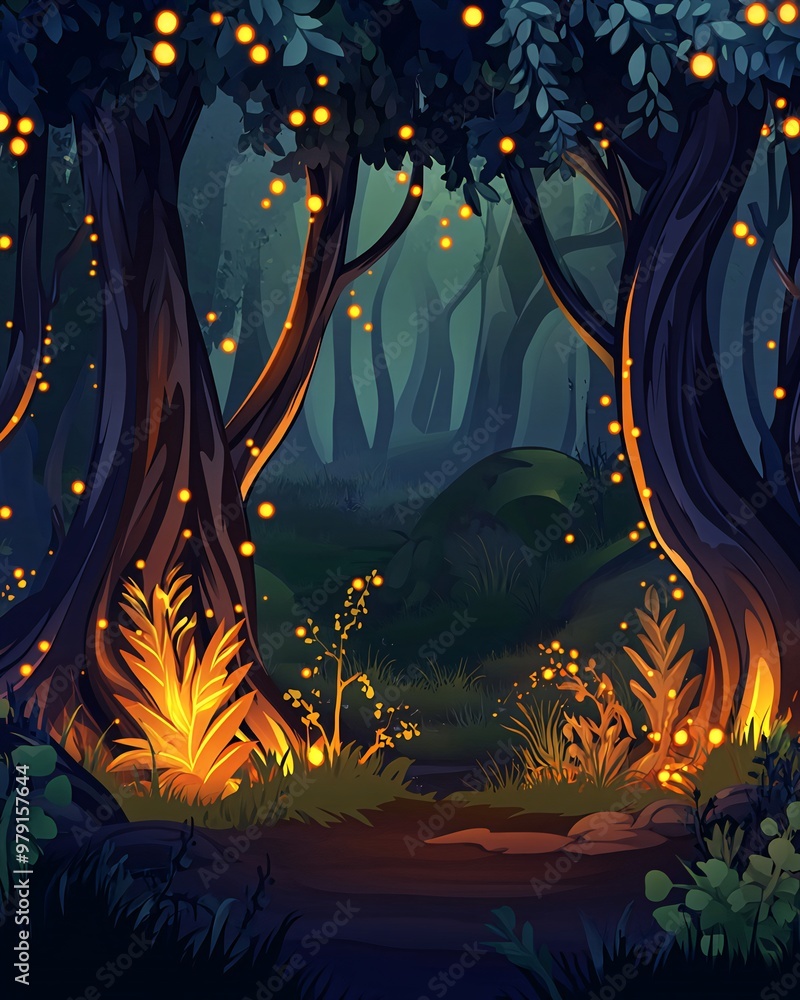 Poster a mystical forest scene with glowing lights in the trees and a path leading through.