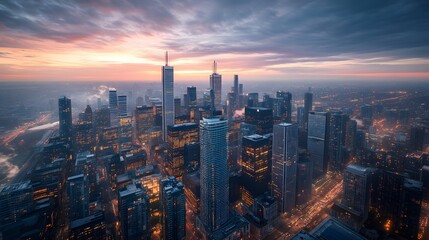 Obraz premium Aerial view of a city skyline at sunset.