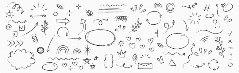 Set of Doodle sketch elements, vector graphic hand-drawn line shapes, Highlight circles, love heart, speech bubble, decoration symbol, Vector illustration. 