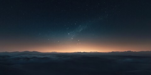 Fototapeta premium A serene night sky over mountains, illuminated by starlight and a soft horizon glow.