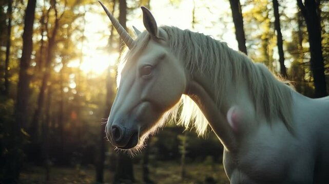 Majestic white unicorn in a dark forest. mythical and legendary fantasy creature in the woods. Realistic horizontal video footage (16:9)