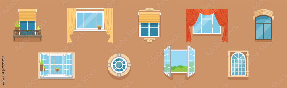 Poster glass window of various type as architectural outdoor object vector set