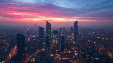 Obraz premium City skyline at sunset with vibrant colors.