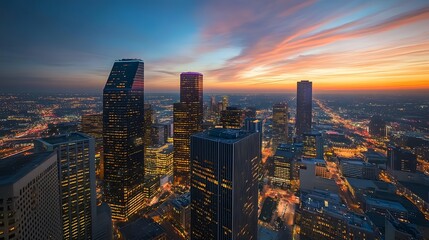 Fototapeta premium City skyline at sunset with vibrant colors.