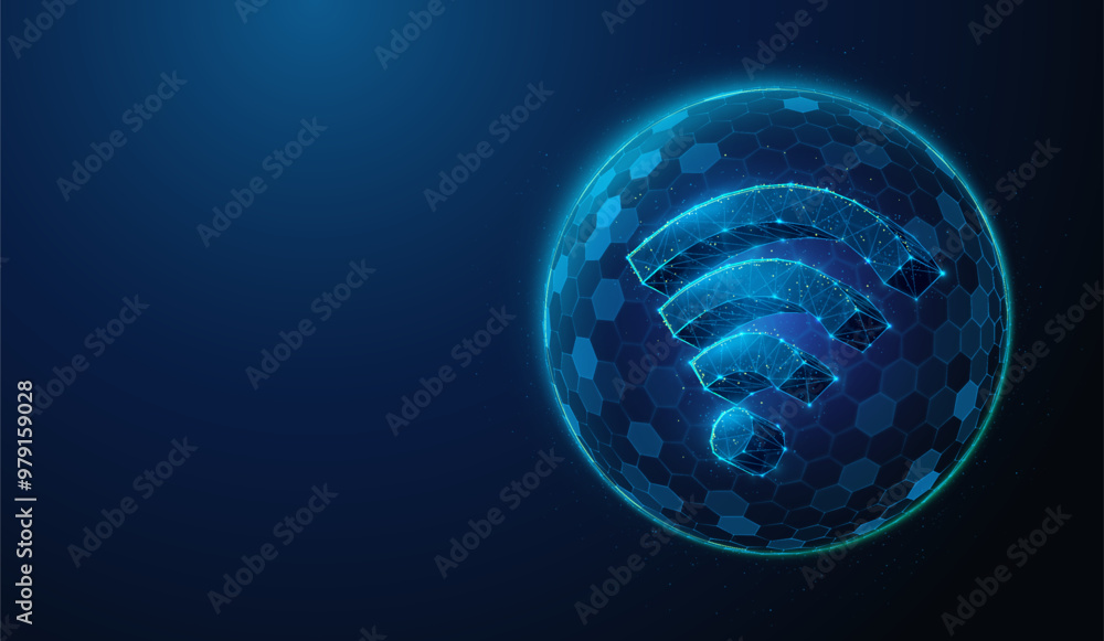 Poster Abstract illustration of wi-fi network protected by shield barrier in low poly style. Blue geometric background depicting wireless network firewall security concept by wireframe connection structure