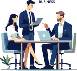 Minimalist simple flat design style featuring three business professionals in a collaboration scene
