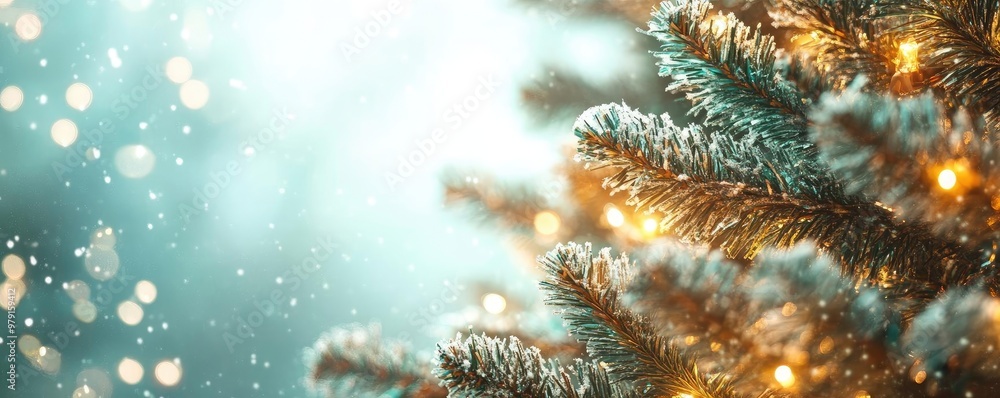 Poster a beautiful close-up of a christmas tree branch adorned with shimmering lights and soft snowflakes, 