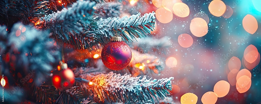 Poster a beautifully decorated christmas tree with colorful ornaments and shimmering lights, creating a fes